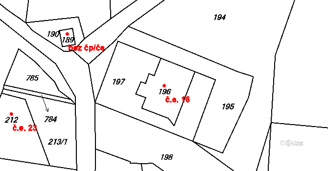 Čeřeniště 16, Malečov na parcele st. 196 v KÚ Čeřeniště, Katastrální mapa