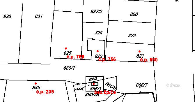 Klobouky u Brna 756 na parcele st. 823 v KÚ Klobouky u Brna, Katastrální mapa