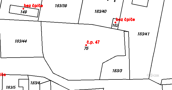 Soběsuky 47, Plumlov na parcele st. 75 v KÚ Soběsuky u Plumlova, Katastrální mapa