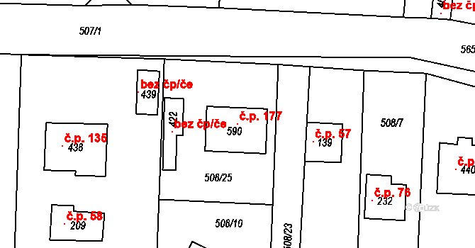 Myšlín 177, Mnichovice na parcele st. 590 v KÚ Myšlín, Katastrální mapa