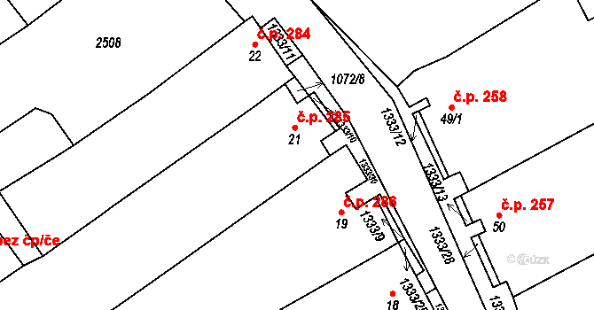 Chlupice 285, Hostěradice na parcele st. 21 v KÚ Chlupice, Katastrální mapa