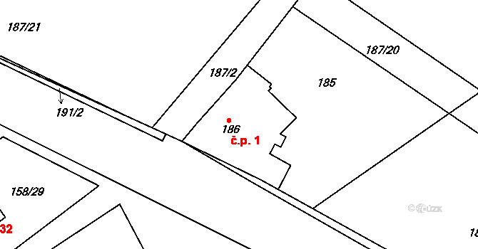 Valtrovice 1 na parcele st. 186 v KÚ Valtrovice, Katastrální mapa