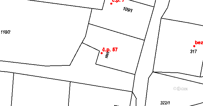 Kunčice 57, Bělotín na parcele st. 109/2 v KÚ Kunčice, Katastrální mapa