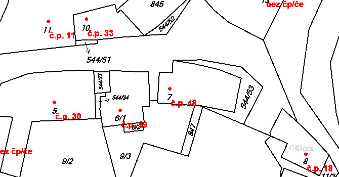 Miletice 48, Černuc na parcele st. 7 v KÚ Miletice u Velvar, Katastrální mapa