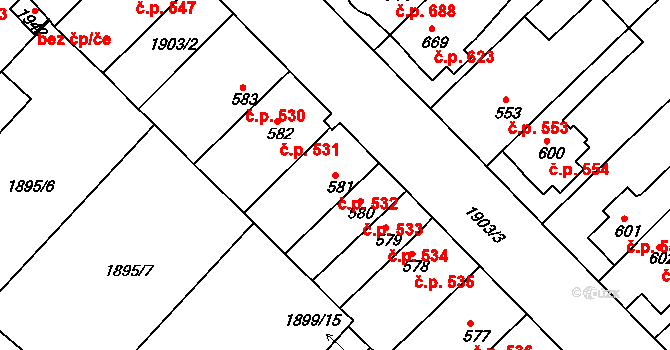 Tišnov 532 na parcele st. 581 v KÚ Tišnov, Katastrální mapa