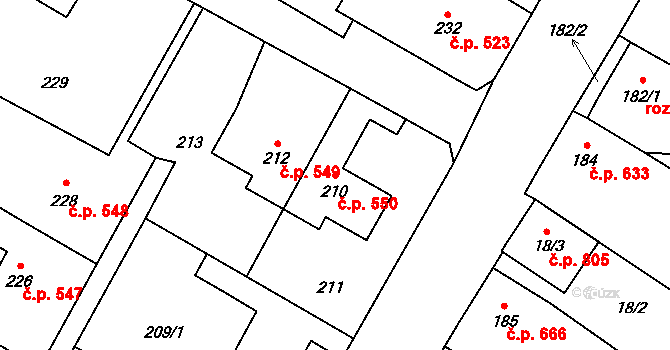 Lužice 550 na parcele st. 210 v KÚ Lužice u Hodonína, Katastrální mapa