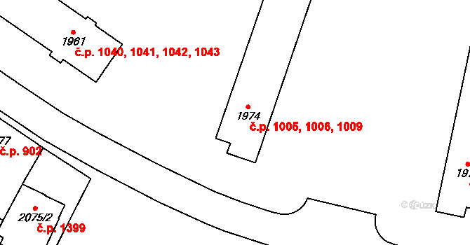 Dubňany 1005,1006,1009 na parcele st. 1974 v KÚ Dubňany, Katastrální mapa
