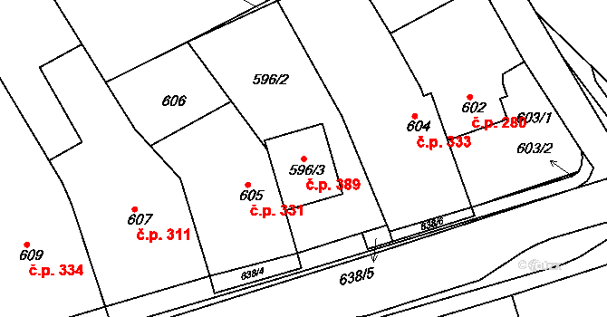 Rousínov 389 na parcele st. 596/3 v KÚ Rousínov u Vyškova, Katastrální mapa