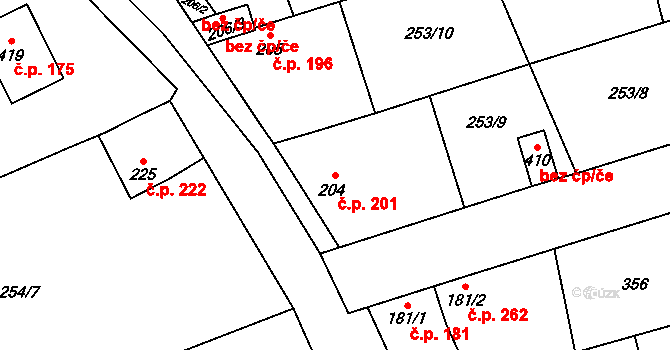 Veltruby 201 na parcele st. 204 v KÚ Veltruby, Katastrální mapa