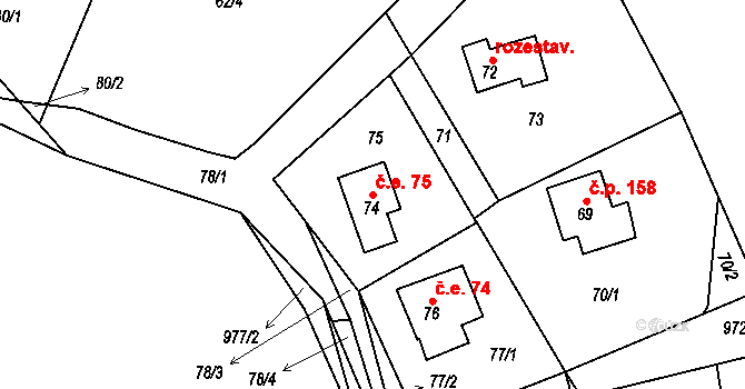 Chaloupky 75 na parcele st. 74 v KÚ Chaloupky, Katastrální mapa