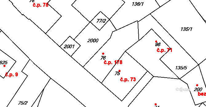 Dolní Bousov 178 na parcele st. 76 v KÚ Dolní Bousov, Katastrální mapa