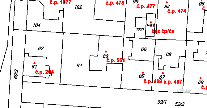 Kosmonosy 561 na parcele st. 63 v KÚ Kosmonosy, Katastrální mapa