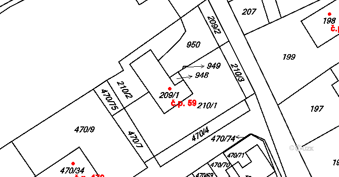 Praskačka 59 na parcele st. 209/1 v KÚ Praskačka, Katastrální mapa