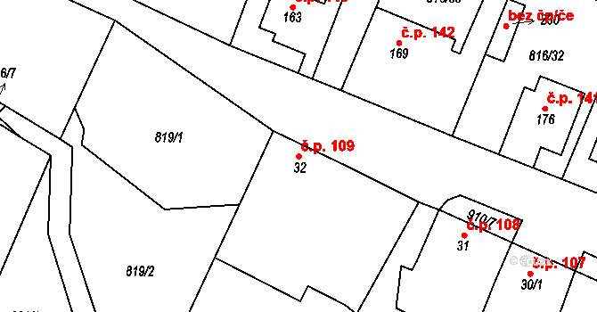 Zahořany 109, Křešice na parcele st. 32 v KÚ Zahořany u Litoměřic, Katastrální mapa