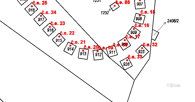 Dolní Dobrouč 19 na parcele st. 912 v KÚ Dolní Dobrouč, Katastrální mapa