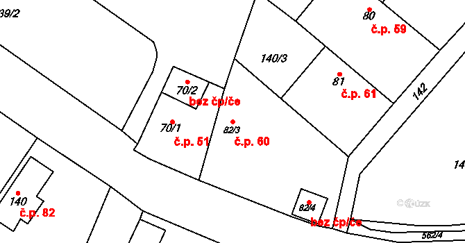 Jevany 60 na parcele st. 82/3 v KÚ Jevany, Katastrální mapa