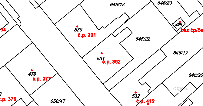 Borohrádek 392 na parcele st. 531 v KÚ Borohrádek, Katastrální mapa