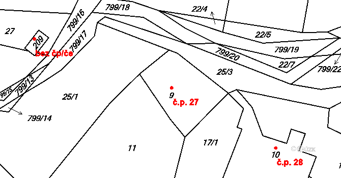Osečnice 27 na parcele st. 9 v KÚ Osečnice, Katastrální mapa