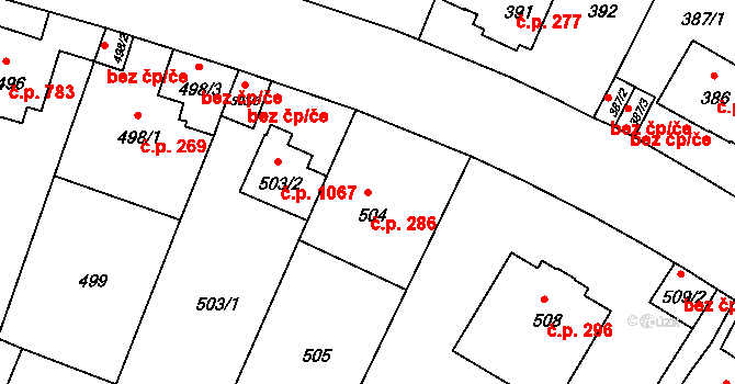 Braník 286, Praha na parcele st. 504/1 v KÚ Braník, Katastrální mapa