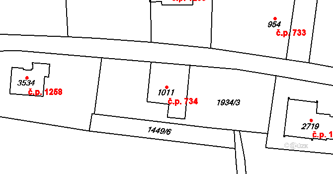 Vrchlabí 734 na parcele st. 1011 v KÚ Vrchlabí, Katastrální mapa
