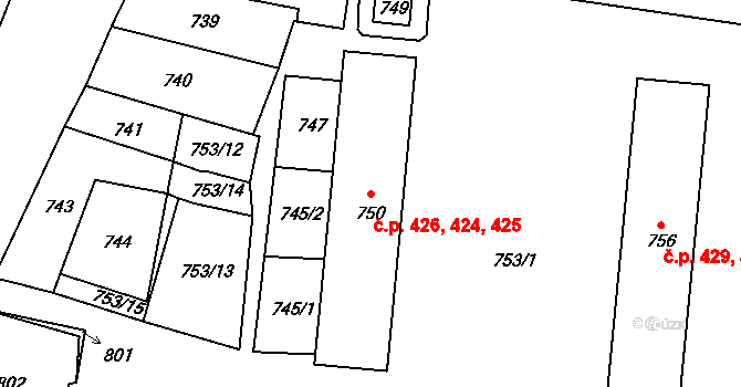 Zbýšov 424,425,426 na parcele st. 750 v KÚ Zbýšov u Oslavan, Katastrální mapa