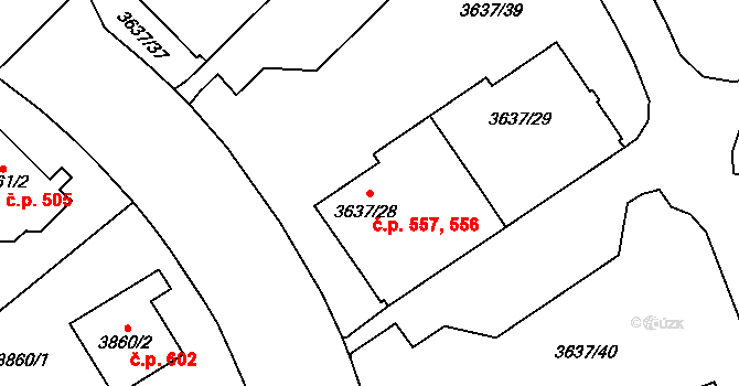 Božkov 556,557, Plzeň na parcele st. 3637/29 v KÚ Plzeň, Katastrální mapa