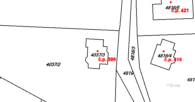 Lískovec 399, Frýdek-Místek na parcele st. 4037/3 v KÚ Lískovec u Frýdku-Místku, Katastrální mapa
