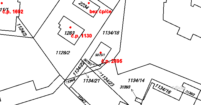Rožnov pod Radhoštěm 2595 na parcele st. 5075/1 v KÚ Rožnov pod Radhoštěm, Katastrální mapa