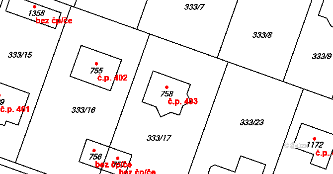 Přímětice 403, Znojmo na parcele st. 758 v KÚ Přímětice, Katastrální mapa