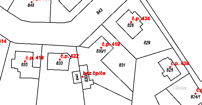Loket 419 na parcele st. 830/1 v KÚ Loket, Katastrální mapa