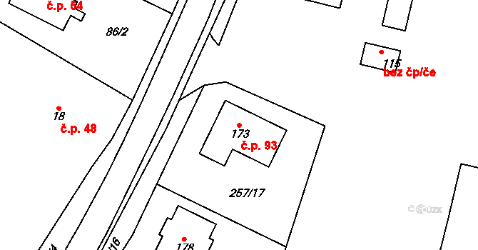 Milovice u Hořic 93 na parcele st. 173 v KÚ Milovice u Hořic, Katastrální mapa