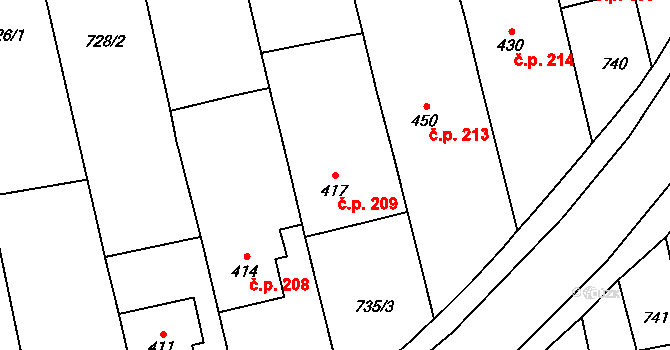 Hradčovice 209 na parcele st. 417 v KÚ Hradčovice, Katastrální mapa