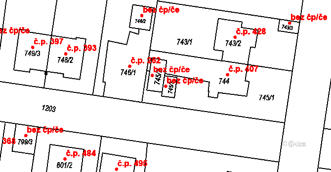 Plzeň 48747602 na parcele st. 745/3 v KÚ Újezd, Katastrální mapa