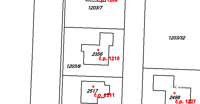 Dobřany 1210 na parcele st. 2356 v KÚ Dobřany, Katastrální mapa