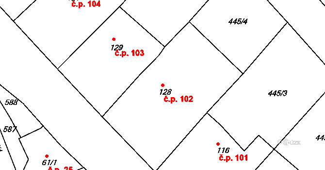 Krašovice 102 na parcele st. 128 v KÚ Krašovice u Plzně, Katastrální mapa