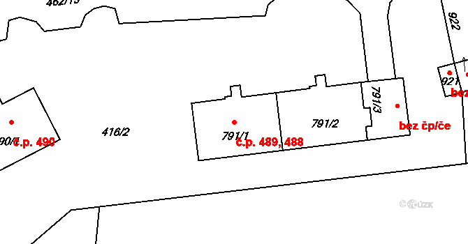 Plasy 488,489 na parcele st. 791/1 v KÚ Plasy, Katastrální mapa