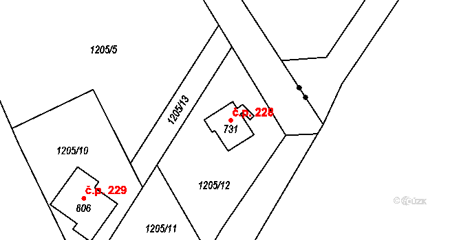 Dobřív 228 na parcele st. 731 v KÚ Dobřív, Katastrální mapa