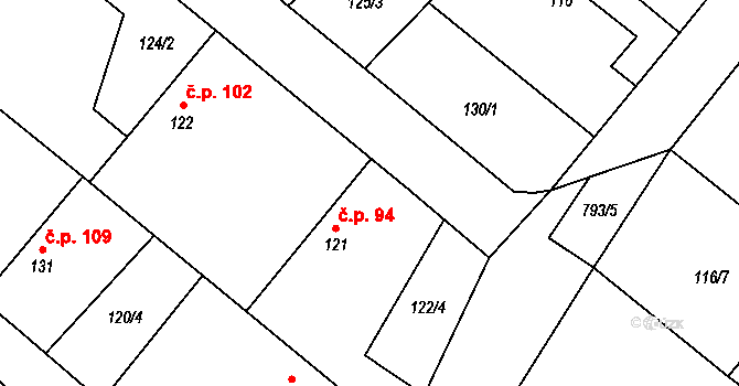 Hlavečník 94 na parcele st. 121 v KÚ Hlavečník, Katastrální mapa