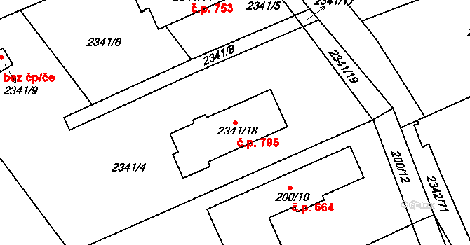 Lipence 795, Praha na parcele st. 2341/18 v KÚ Lipence, Katastrální mapa
