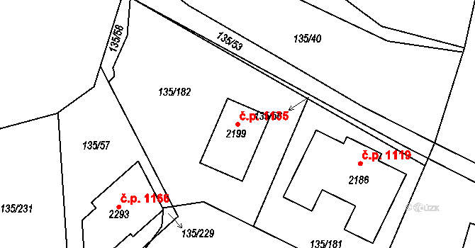 Podklášteří 1135, Třebíč na parcele st. 2199 v KÚ Podklášteří, Katastrální mapa