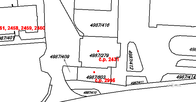 Louny 2431 na parcele st. 4987/279 v KÚ Louny, Katastrální mapa