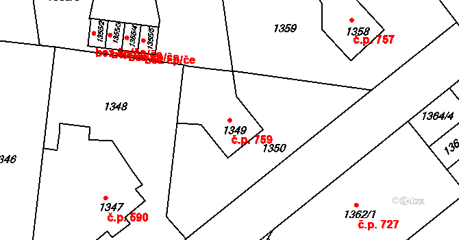 Podbořany 759 na parcele st. 1349 v KÚ Podbořany, Katastrální mapa