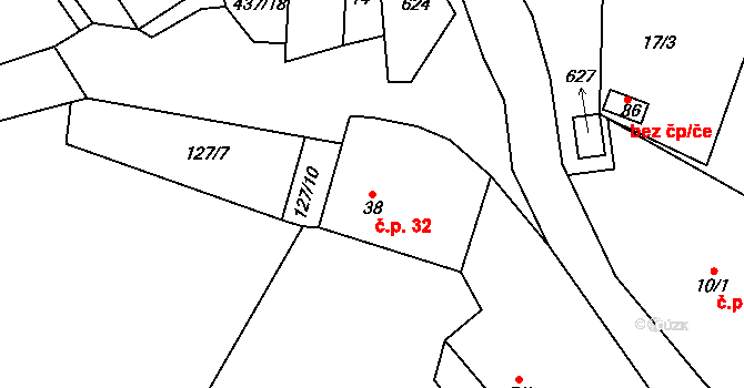 Meziklasí 32, Dolní Město na parcele st. 38 v KÚ Meziklasí, Katastrální mapa