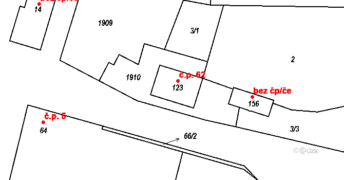 Velké Těšany 62, Bařice-Velké Těšany na parcele st. 123 v KÚ Velké Těšany, Katastrální mapa