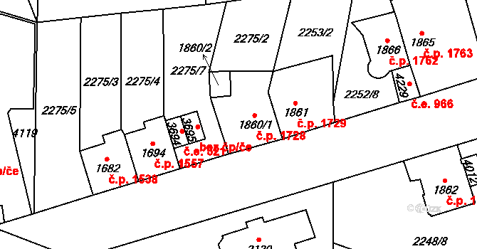 Aš 1728 na parcele st. 1860/1 v KÚ Aš, Katastrální mapa