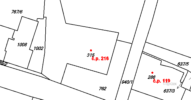 Kokonín 216, Jablonec nad Nisou na parcele st. 315 v KÚ Kokonín, Katastrální mapa