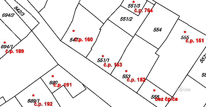 Vacenovice 153 na parcele st. 551/1 v KÚ Vacenovice u Kyjova, Katastrální mapa