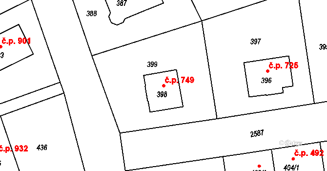 Stará Boleslav 749, Brandýs nad Labem-Stará Boleslav na parcele st. 398 v KÚ Stará Boleslav, Katastrální mapa