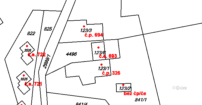 Ostravice 693 na parcele st. 123/6 v KÚ Staré Hamry 2, Katastrální mapa
