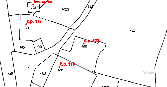 Smiřice 523 na parcele st. 145 v KÚ Smiřice, Katastrální mapa